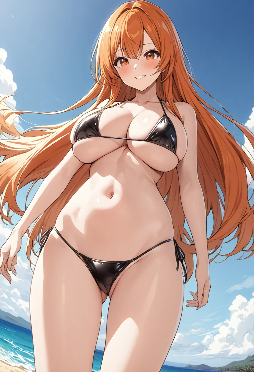 1 Girl, (alone:1.2), 背のexpensive女の子, 長いOrange Hair, Straight hair ,Orange eyes, (expensive school student), (), (Ample breasts), (texpensives), expensive,masterpiece, expensive resolution, Shiny, whole body, beautiful,A cute smile that makes the viewer happy, expensively detailed beautiful face and eyes,View your viewers, ((Stand with your feet apart)))、((Shiny水着)))、Black micro bikini、beautiful美しさ、Clean, beautiful long hair、Orange Hair、((whole body))、(((Photo taken from below)))、Hawaii、Beach、Ocean、Sandy Beach、Large Breasts、Big Breasts、Japanese、背がexpensive、Long limbs、Hairstyle: long hair、beautifulへそ、The swimsuit is small、(((Toplesodel-like style、