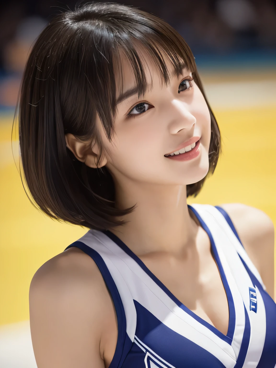 (Cheerleader:1.2),(beautiful girl:1.3), (), (Highest quality:1.4), (Very detailed), (Very detailed美しい顔と目), (Sweat:1.2),Symmetrical eyes, (Dance 1.5), (Look Away:1.5), (Cheerleader costumes:1.3), smile, Open your mouth, White skin, Great face, iris, Short Bob Hair, (Skinny body type:1.2), (Flat Chest:1.2),Smooth, Very detailed CG synthesis 8k wallpaper, High-resolution RAW color photos, Professional photography, Light, BackLight, dream-like, impressive, Written boundary depth, Basketball court, Cowboy Shot, (Close-up of face:1.2)