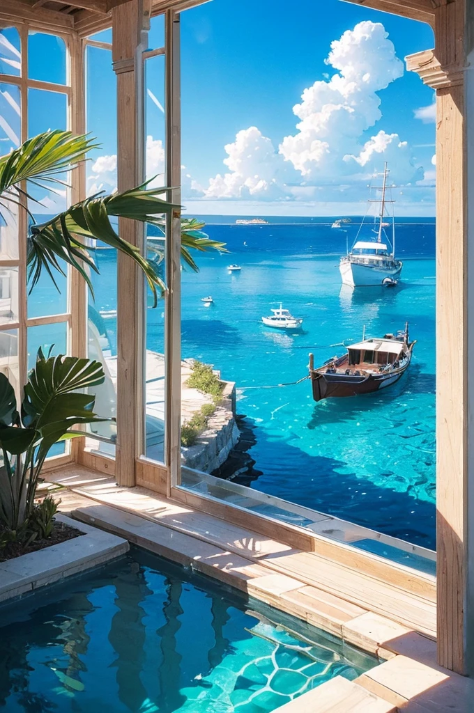 (Masterpiece, BestQuality), ((Portrait of boat floating in the crystal clear waters of Lampedusa)), Highly transparent sea,The boat appears to be floating in the air,In the background is a beautiful landscape with a blue sky and sunlight shining on the sea,detailed beautiful scenery,with tween girl,