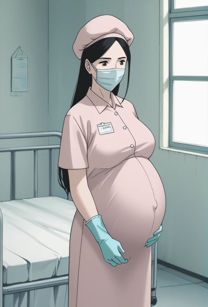 score_9,  score_8_up, score_7_up, source_anime, raw image, masterpiece, highest quality, natural light, patient room background, kasuganoray, good shape, pale skin, shy eyes, big breasts, scrubs, surgical mask, bouffant cap, long sleeve shirt, navel head,
1girl, pregnant, solo, rubber gloves, looking down, furrowed brow, hospital bed, standing, even though she's pregnant she has a good figure, she suffered due to difficult childbirth