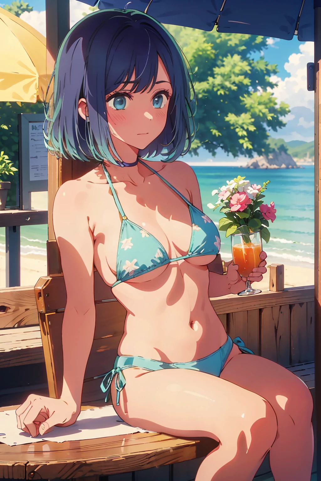 (Highest quality:1.4、masterpiece:1.4、Super detailed:1.4、8K:1.4)、((((1 person、Surprised expression、sit、Outdoor café terrace、coastal、juice、table、Sandy Beach、juiceのグラスを持つ、Plain Bikini、Very soft boobs、Big eyes、Very cute face))))、F cup bust、Medium breast、Underboob、Sideboob