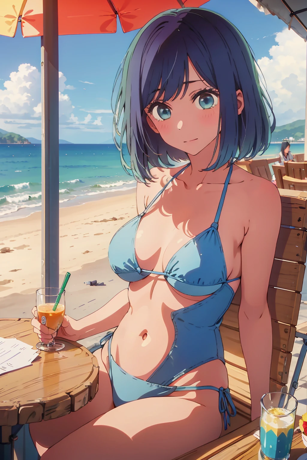 (Highest quality:1.4、masterpiece:1.4、Super detailed:1.4、8K:1.4)、((((1 person、Surprised expression、sit、Outdoor café terrace、coastal、juice、table、Sandy Beach、juiceのグラスを持つ、Plain Bikini、Very soft boobs、Big eyes、Very cute face))))、F cup bust、Medium breast、Underboob