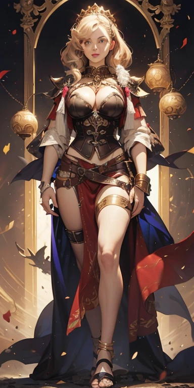 (((Full and soft breasts,)))(((Huge breasts))) (((Cleavage))) (Perfect curvy figure),female pale skin full body whole body 1sologirl Standing loincloth warrior proud expression, Hands on hips, Standing loincloth, Hands on hips, Metal sandals, Gold Bell Belly Button Leather Necklace, in a leather corset, Big belt, Watch from below, Bring your feet together, Wristband, Headdress
