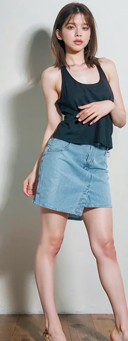 Open shirt, (((Leaning forward))), ((,Round face, Around 17 years old,mini skirt、loose tank top)),  Long Hair, , Natural Makeup, Lips become thicker, Sexy Gaze, barefoot, ((Raise one leg)),  Shooting from below,Gentle expression ,((Extremely precise and accurate anatomy)),  (masterpiece:1.43), Perfect proportions, Realistic photos, Full Shot, whole body, (height: 165cm), 