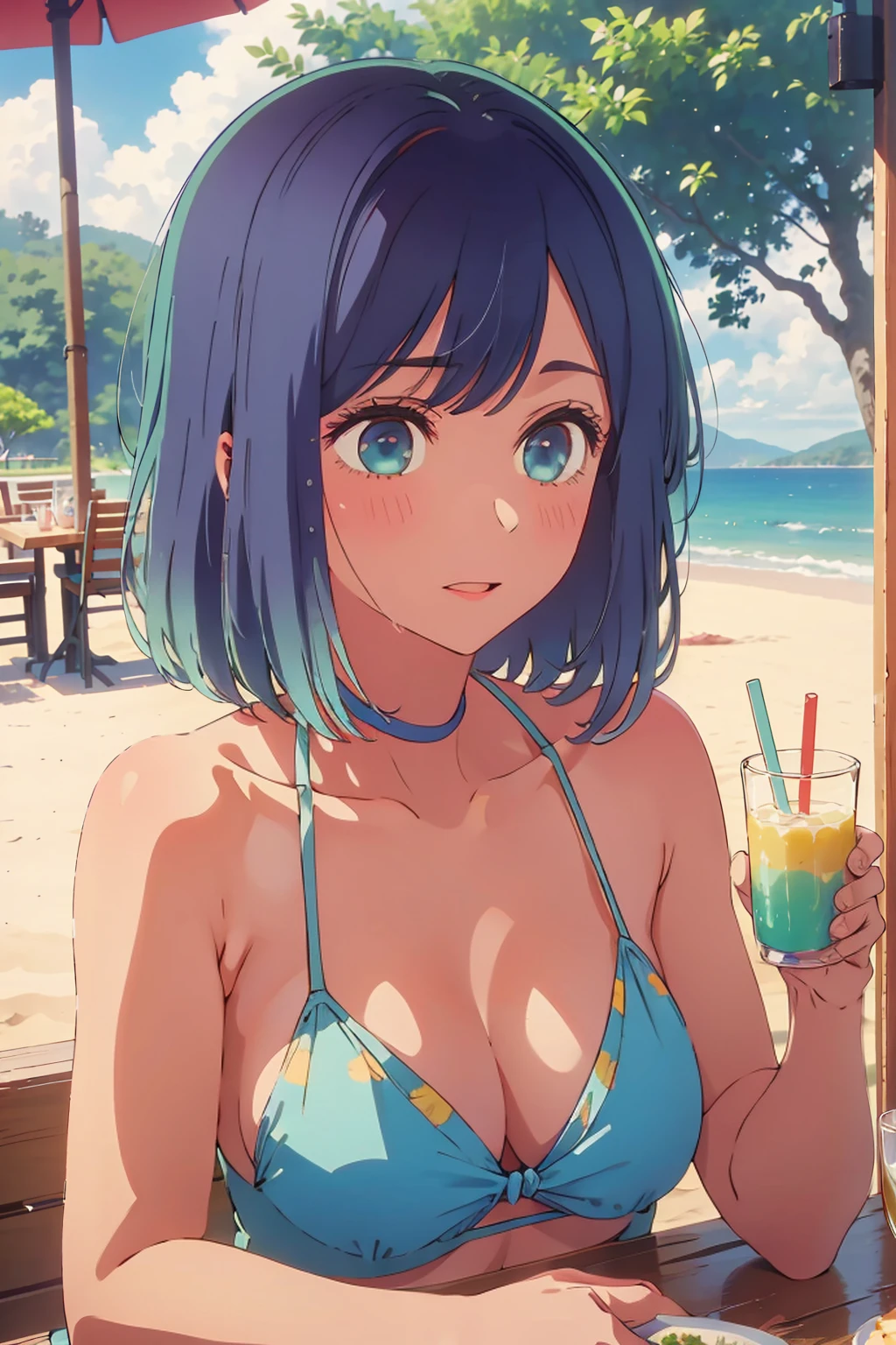 (Highest quality:1.4、masterpiece:1.4、Super detailed:1.4、8K:1.4)、((((1 person、Surprised expression、sit、Outdoor café terrace、coastal、juice、table、Sandy Beach、juiceのグラスを持つ、Plain Bikini、Very soft boobs、Big eyes、Very cute face))))、F cup bust、Medium breast