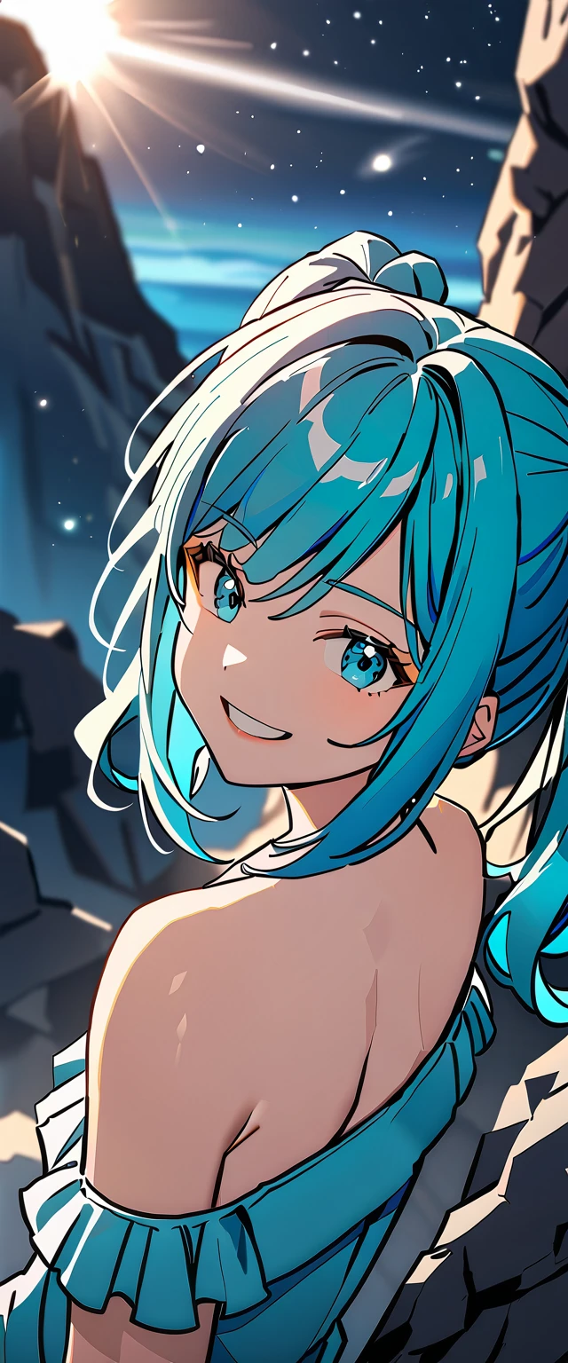 Photo of a high school girl with natural skin, Upper Body, Looking at the camera, laughing, Black and blue gradient hair in twin tails, Sharp eyes with blue eyeshadow, A thin, upturned nose, Well-shaped lips, White off-the-shoulder dress, Makeup, Exquisitely crafted with the utmost attention to detail, Vibrant, amazing, Smooth, Cinematic, 4K, Backlight, Atop a cliff with a beautiful starry sky, Cliff, Shallow depth of field.