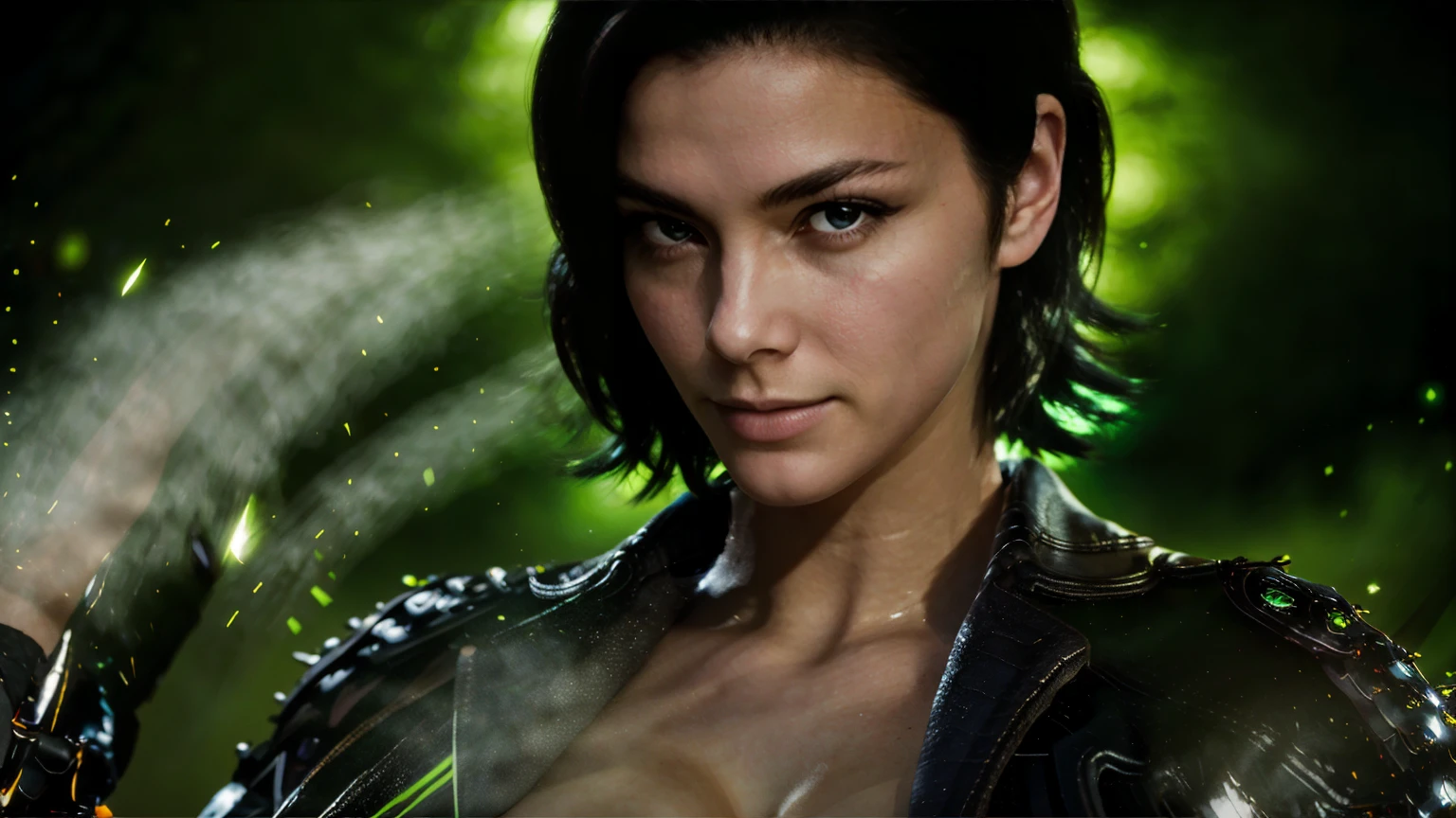 solo Adult female, (masterpiece), best quality, expressive eyes, perfect face, Dark lines, Frenya, the first descendant, short black hair, brown eyes, eyes, black leather jacket, large breasts, character centered in image, half body shot, close up shot, looking at viewer, dark city, black and green lighting, poisonous clouds, poisonous fumes, strong pose, cleavage, gloves, belt, short hair, glowing, masculine features, strong jaw,