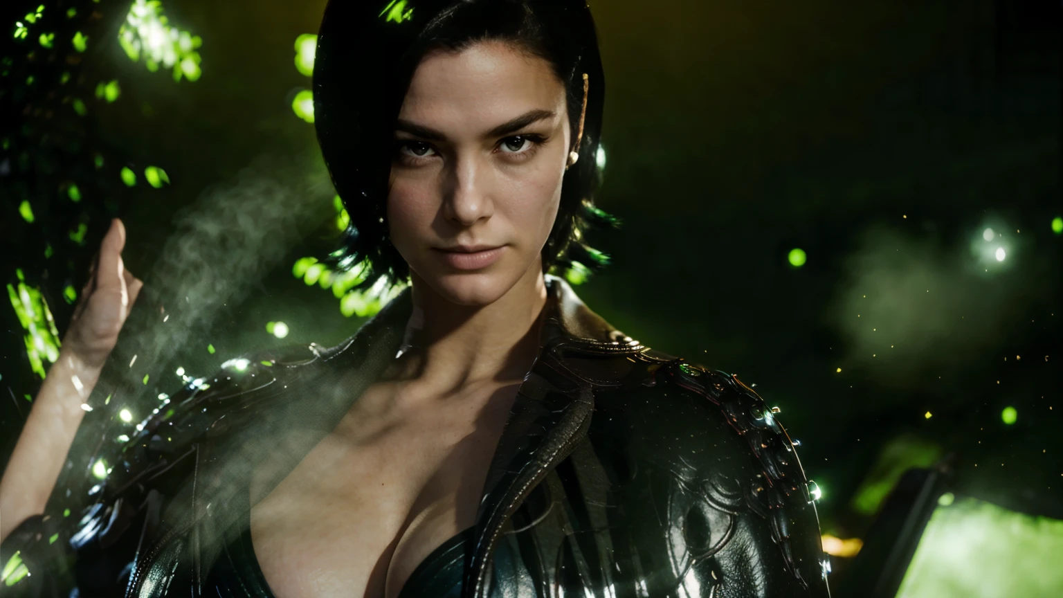 solo Adult female, (masterpiece), best quality, expressive eyes, perfect face, Dark lines, Frenya, the first descendant, short black hair, brown eyes, eyes, black leather jacket, large breasts, character centered in image, half body shot, close up shot, looking at viewer, dark city, black and green lighting, poisonous clouds, poisonous fumes, strong pose, cleavage, gloves, belt, short hair, glowing, masculine features, strong jaw,