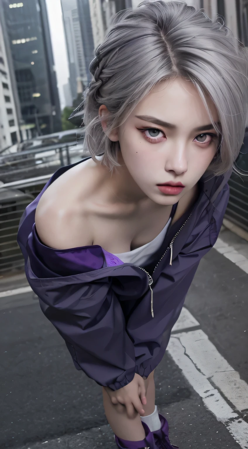 Highest quality, masterpiece, Ultra-high resolution, (Realistic:1.5), RAW Photos, One Girl, Off the shoulder, In the Dark, Deep Shadow, moderate, Cold Light, Sexy Looks, short Gray Hair (((Gray Hair)), (((Purple eyes))) 20-year-old woman, Silver Hair, (High Top Fade:1.3), Dark Theme, Calm tone, Calm colors, High Contrast, (Natural skin texture, Hyperrealism, Soft Light, sharp)Highest quality ,Jumping girl holding a Japanese sword, Camera angle from above, While looking up at the camera, with the Cityscape in the background looking down at the city from above,Extreme high angle, Looking into the camera, girl, slim, Small face, Big eyes, double eyelid, Long eyelashes, eye shadow, Iris, Small Nose, Lip gloss, Braiding, Silver Hair, Angry face, Off the shoulder, Windbreaker, Shorts, boots, Cityscape, Stormy