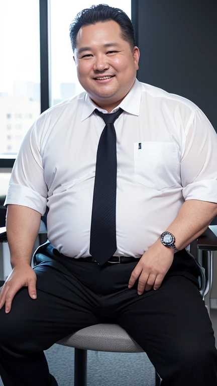 high quality,ultra detailed,best quality,Fat man,50 years old,detailed face,white business shirt transparent with sweat,Black slacks,office,sitting on chair,cowboy shot,Sweaty,chubby,smile,from front,