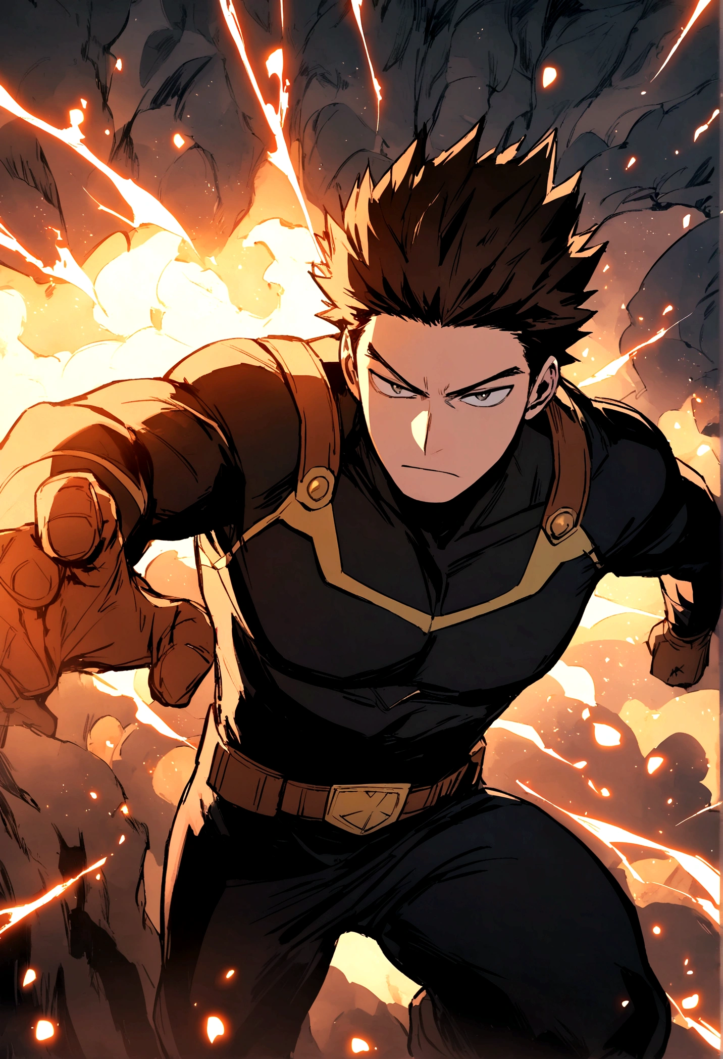 Boko no hero academia comics panel of a male. he has dark brown hair, and gray eyes. he is a hero, he is wearing a black hero costume