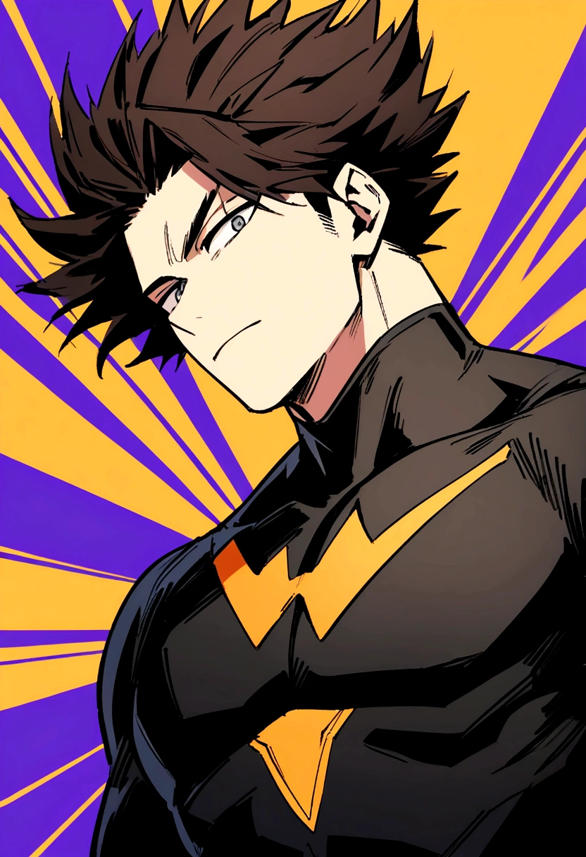 Boko no hero academia comics panel of a male. he has dark brown hair, and gray eyes. he is a hero, he is wearing a black hero costume