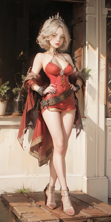 (((Full and soft breasts,)))(((Huge breasts))) (((Cleavage))) (Perfect curvy figure),((black background,1:2, masterpiece)), whole body MILF BIMBO standing with two long thighs and two Metal sandals, Red Eyes, Silver hair, Short Bob Hairstyle, Large Breasts, cleveage, sleeve, Headdress royal, Two-foot-long cape, Bikini, Hands on waist, Umbilical cord, Smirk, Smiley Face (Red, Red脸颊), metal shoulder, Gold sleeveless armband, black leather Necklace slave collar, shackle bracelet, Sexual Red Crown, Scapula, Breastplate, Corset, Eyes Focus, whole body, whole body, 1 solo . warrior, Loincloth Standing, Hands on hips, Metal sandals, Backpack, Necklace, Big belt, Watch from below, Bring your feet together, Wristband, Headdress)