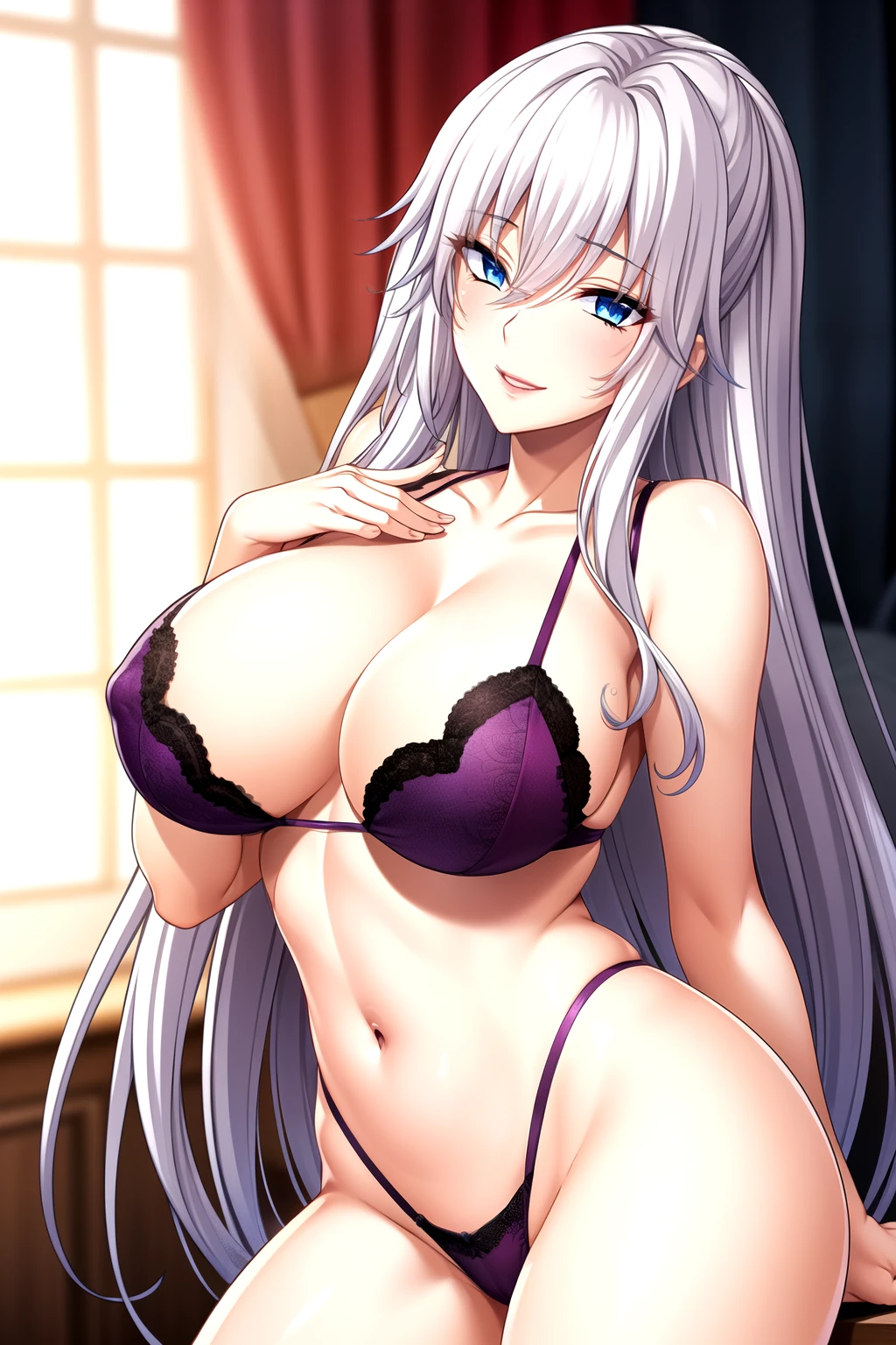 Light滑的皮肤, light purple bra, light purple lace, light purple underwear,Full body pictures, White hair,blue Eye,Long hair, 1 girl, 25 years old,Young women,beautiful Finger,beautiful long legs,beautiful body,beautiful Nose,beautiful character design, perfect Eye, perfect Face,expressive Eye,Perfect balance, Looking at the audience,(Focus on her Face),Residence, (Innocent_Big goals_Eye:1.0),Light_Smile, Official Art,Very detailed CG unity 8k wallpaper, Perfect lighting,rich and colorful, bright_front_Face_Lighting,Light skin, (masterpiece:1.0),(the best_quality:1.0), Ultra-high resolution,4K,Very detailed, photography, 8K, Human Development Report, high resolution, absurdist:1.2, Kodak Portrait 400, Film Grain, Blurred background, Bokeh:1.2, Lens Light Halo, (Energetic_color:1.2),专业photography师, (beautiful,Chest:1.3 (beautiful_Face:1.5),(narrow_waist),Smile, Happy, light purplebra,Slim