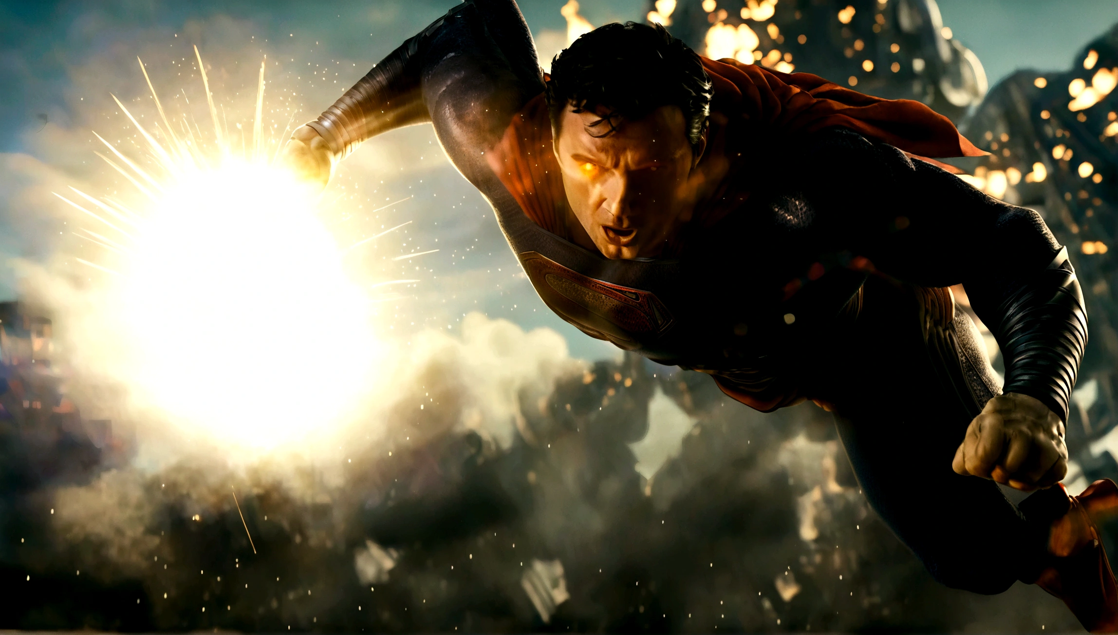 back of Superman played by Tom Welling punching big robot into the sky,