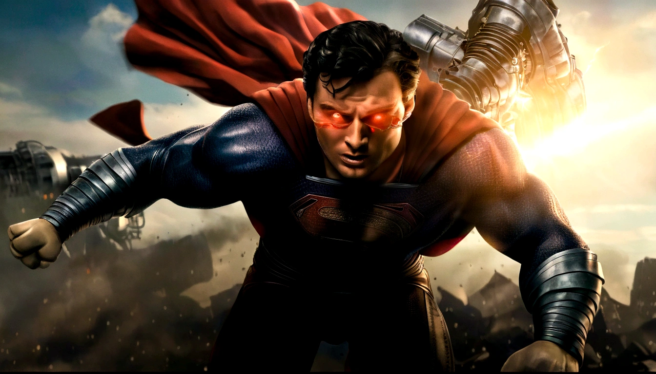 back of Superman played by Tom Welling punching big robot into the sky,