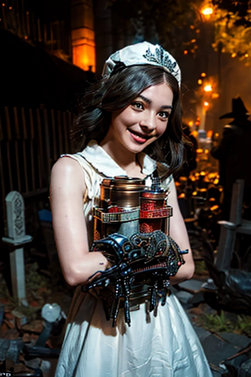 Young beautiful girl, Emma Myers, American, SOFT SMILING FACE, HAVE A BROWN HAIR, wears a old work cap, wears old-fashioned clothes, 19th century, poverty-stricken clothes, old torn clothes, 19th century period clothing, holding a bouquet, standing before her grandparents' tombstones, cemetery background, dark cities background, night time, midnight background.

The Smiling and widely mouth laughing Skeleton Woman from Bloodborne.

A black-haired girl wields the Heavy Thrusting SCYTHES and equip the SHOTGUNS from within the Elden Ring in a reverse grip.

Blooded Background.

The Monstrously Cannibalism Clockwork Flaming Lanterns from Bloodborne. The Monstrously Cannibalism Clockwork Thorny Wheels Robot Droid Nun and Knights From Bloodborne.

a close up symmetrical portrait of a cyberpunk gangster, biomechanical, mshn robot, splashes of orange red, hyper realistic, intricate design, (insanely detailed:1.4), (extremely fine details:1.35), Extremely sharp lines, steel, cinematic lighting, Photorealistic, a detailed painting by Ayami Kojima and Lilia Alvarado, (best quality, high quality, absurdres, intricate detail, masterpiece, cinematic), highly detailed, motion blur, film grain, noise, lens effects,