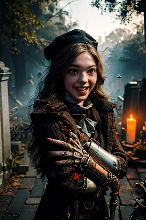 Young beautiful girl, Emma Myers, American, SOFT SMILING FACE, HAVE A BROWN HAIR, wears a old work cap, wears old-fashioned clothes, 19th century, poverty-stricken clothes, old torn clothes, 19th century period clothing, holding a bouquet, standing before her grandparents' tombstones, cemetery background, dark cities background, night time, midnight background.

The Smiling and widely mouth laughing Skeleton Woman from Bloodborne.

A black-haired girl wields the Heavy Thrusting SCYTHES and equip the SHOTGUNS from within the Elden Ring in a reverse grip.

Blooded Background.

The Monstrously Cannibalism Clockwork Flaming Lanterns from Bloodborne. The Monstrously Cannibalism Clockwork Thorny Wheels Robot Droid Nun and Knights From Bloodborne.

a close up symmetrical portrait of a cyberpunk gangster, biomechanical, mshn robot, splashes of orange red, hyper realistic, intricate design, (insanely detailed:1.4), (extremely fine details:1.35), Extremely sharp lines, steel, cinematic lighting, Photorealistic, a detailed painting by Ayami Kojima and Lilia Alvarado, (best quality, high quality, absurdres, intricate detail, masterpiece, cinematic), highly detailed, motion blur, film grain, noise, lens effects,