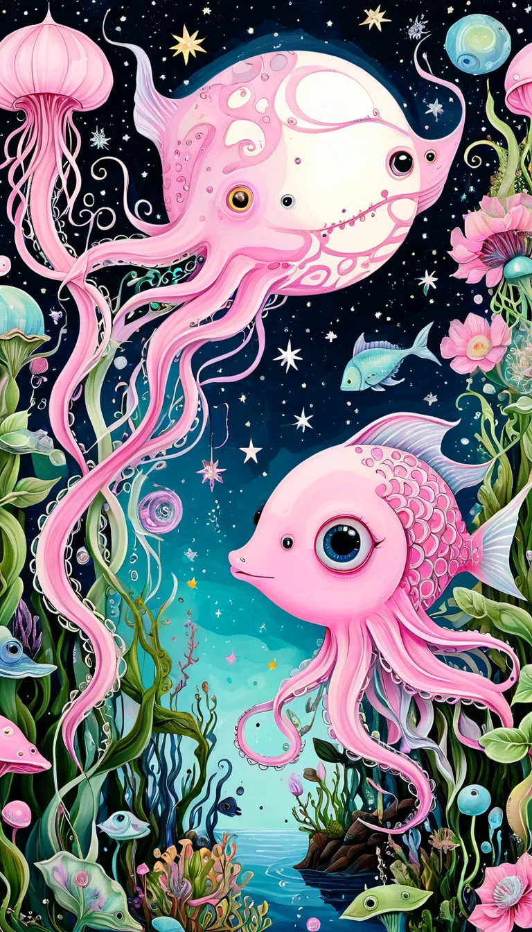 Light pink fish in the birdcage，plant，Tentacles，Eye、Starry Sky，Stitching together an abstract painting，Describing the inner world of autistic people，Sense of space，White Space，interesting，Innocence，Psychedelic Art，Pink theme