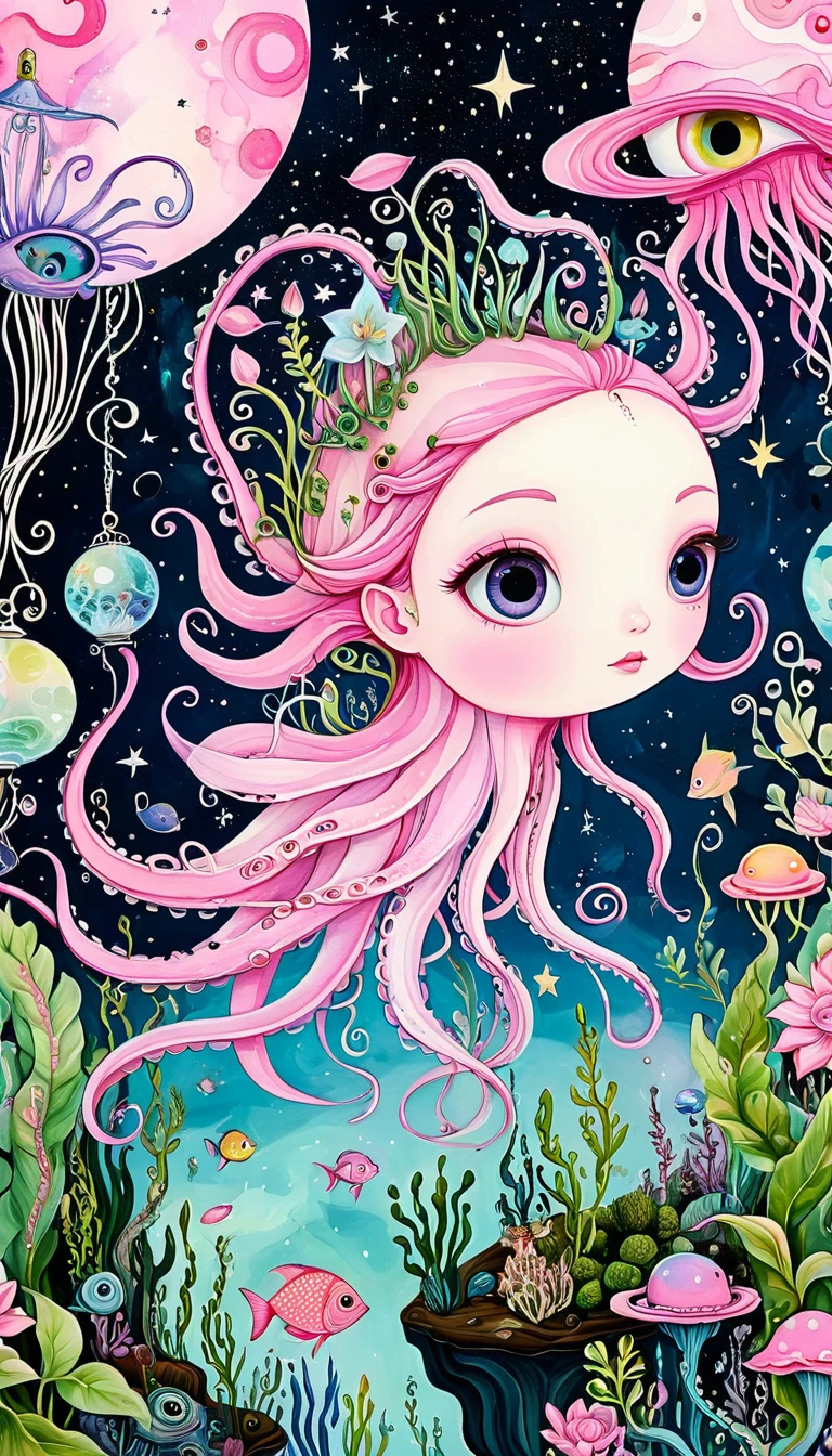 Light pink fish in the birdcage,plant,Tentacles,Eye、Starry Sky,Stitching together an abstract painting,Describing the inner world of autistic people,Sense of space,White Space,interesting,Innocence,Psychedelic Art,Pink theme