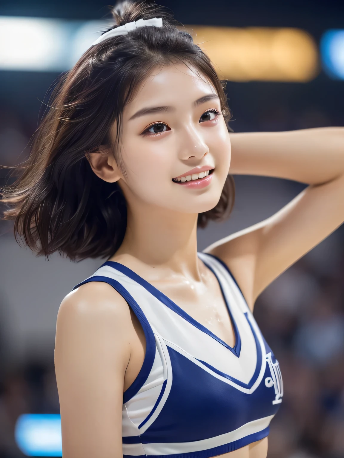 (Cheerleader:1.2),(beautiful girl:1.3), (17 years old), (Highest quality:1.4), (Very detailed), (Very detailed美しい顔と目), (Sweat:1.2),Symmetrical eyes, (Dance 1.5), (Look Away:1.5), (Cheerleader costumes:1.3), smile, Open your mouth, White skin, Great face, iris, Short Bob Hair, (Skinny body type:1.2), (Flat Chest:1.2),Smooth, Very detailed CG synthesis 8k wallpaper, High-resolution RAW color photos, Professional photography, Light, BackLight, dream-like, impressive, Written boundary depth, Basketball court, Cowboy Shot, (Close-up of face:1.2)