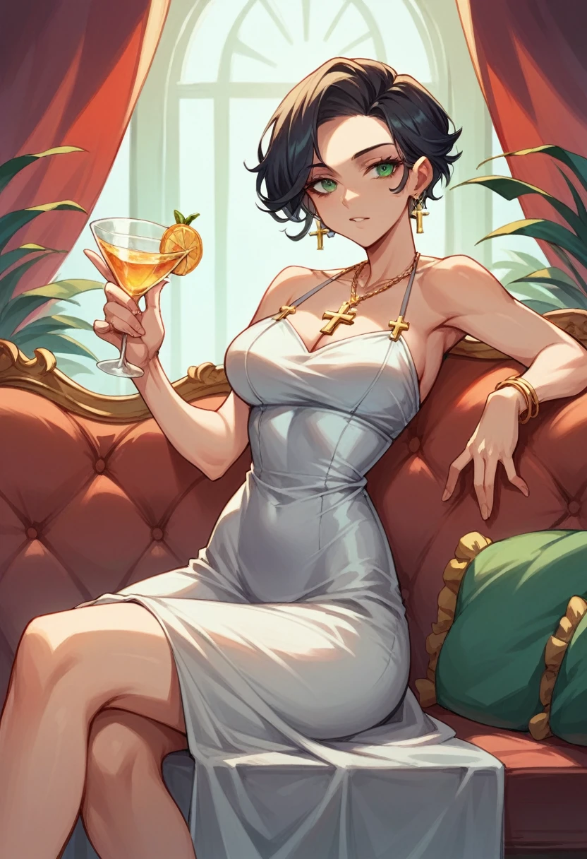 rich beautiful woman, very short and thin silver dress, gold earrings, gold cross necklace, 20 years old, tall, short black hair, green eyes, drinking glass in hand, at the prom party, sitting on a comfortable sofa, 8K