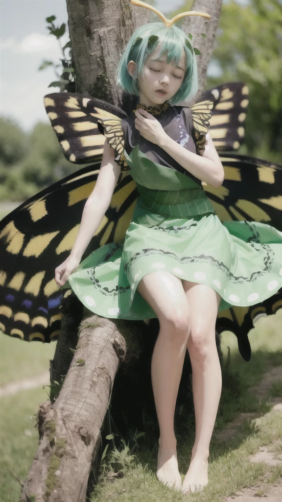 masterpiece, best quality,  1girl, wings, butterfly wings, dress, green dress, antennae, short hair, solo, leaf, fairy, aqua hair, closed eyes, leaf on head, barefoot, full body, knees up, short sleeves, blurry, multicolored dress