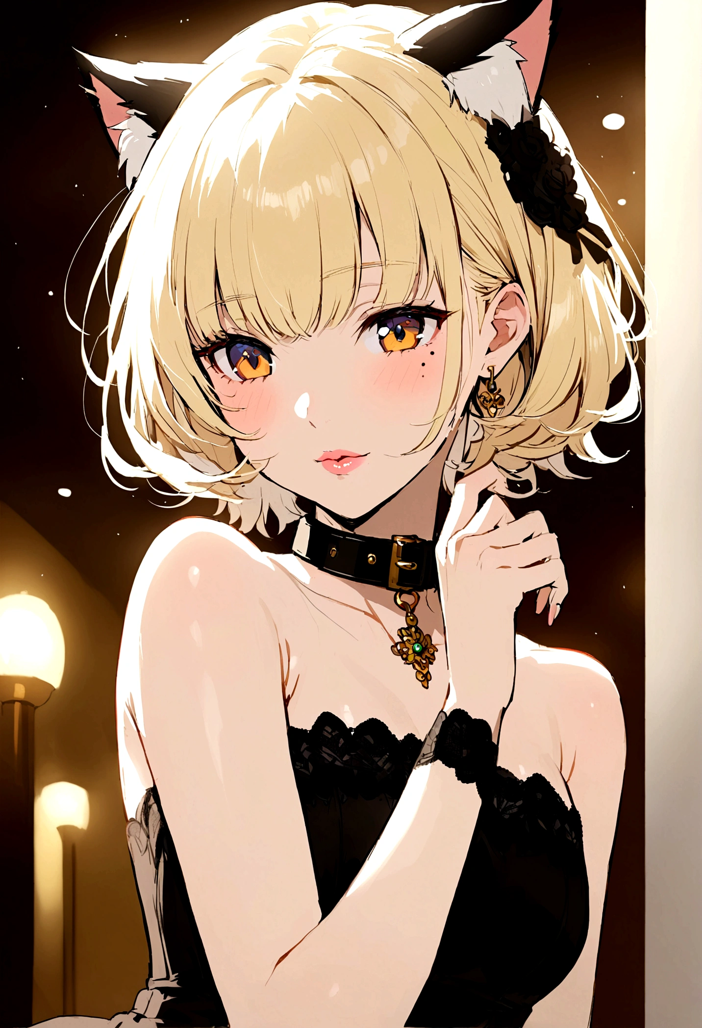 Handsome girl, anime girl, very short hair, light blonde hair, brass eyes, light pink lips, mole under the eye, cat ears, strapless shirt, sexy, call girl, wearing a collar,