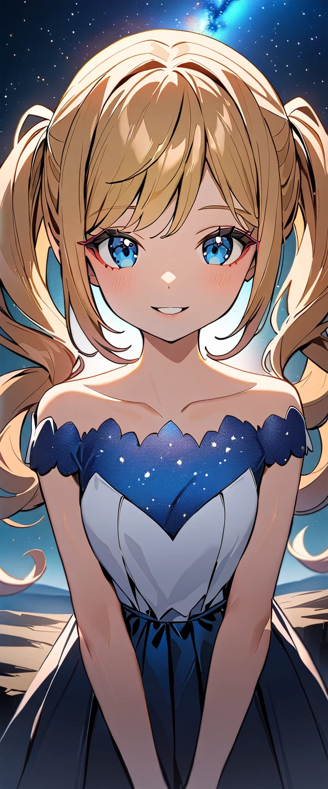 Photo of a high school girl with natural skin, Upper Body, Looking at the camera, Smiling girl with blonde and red gradient hair in twin tails, Sharp eyes with blue eyeshadow, A thin, upturned nose, Well-shaped lips, White off-the-shoulder dress, Makeup, Exquisitely crafted with the utmost attention to detail, Vibrant, amazing, Smooth, Cinematic, 4K, Backlight, ((Atop a cliff with a beautiful starry sky, Cliff)), Shallow depth of field.