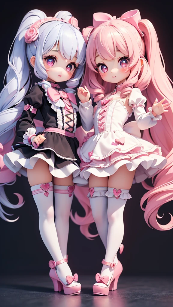 ((petite bishojo, little 2girls)), ((cute face)), ((heart shaped pupils)), ((masterpiece)), ((best quality)), ((ultra detailed)), ((exquisite)), ((depth)), ((crisp)), ((16k)), ((beautiful and aesthetic)), ((super detailed skin)), ((high standard)), ((highres)), ((perfect anatomy)), (full body), (blush), (lipstick), ((dolly)), ((kawaii pose)), (white, blue, black), (perfect fingers), (perfect hands)