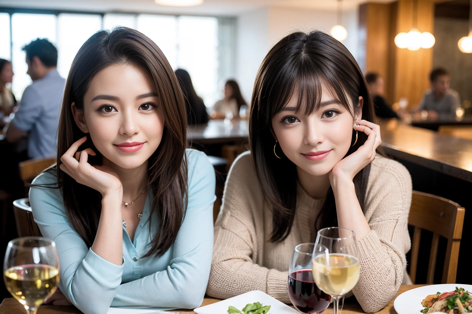 ((Highest quality、8K、masterpiece:1.3))、cute、slimカップル、modelカップル、(Realistic, Intricate details:1.2), full-course dinner、Wine Party、Amazing view of the sunset sky and clouds、A bright smile、The wonderfulness of smile、Bright image、The beauty of wine, Beautiful Face, blue eyes, The light shines on your face, Blushing, short hair,Bright Face、 (Age 37), Age 34, red wine 、Appetizers、Italian food、Wine bottle、Champagne、sparkling wine、Two beauties、Brown Hair、Shortcuts、Long sleeve shirt、dress、Beautiful woman 1, (slimな顔), (The body is slim), (Brown Hair), (Shortcuts), cheeks turn a little red,Attractive beauty、restaurant, In a prominent place (From the waist up) Nova Frog Style, actress, model, Upper Body, White wine, slim, wine glass, 中央に置かれたwine glass, smile, (smile: 1.15), Beautiful fine grain, Depth f/2,saturation, High Contrast, Strong light and shadow,Moist Body:1.5、3D texture、Delicate eyes、Brown Hair、The hair is very shiny、
