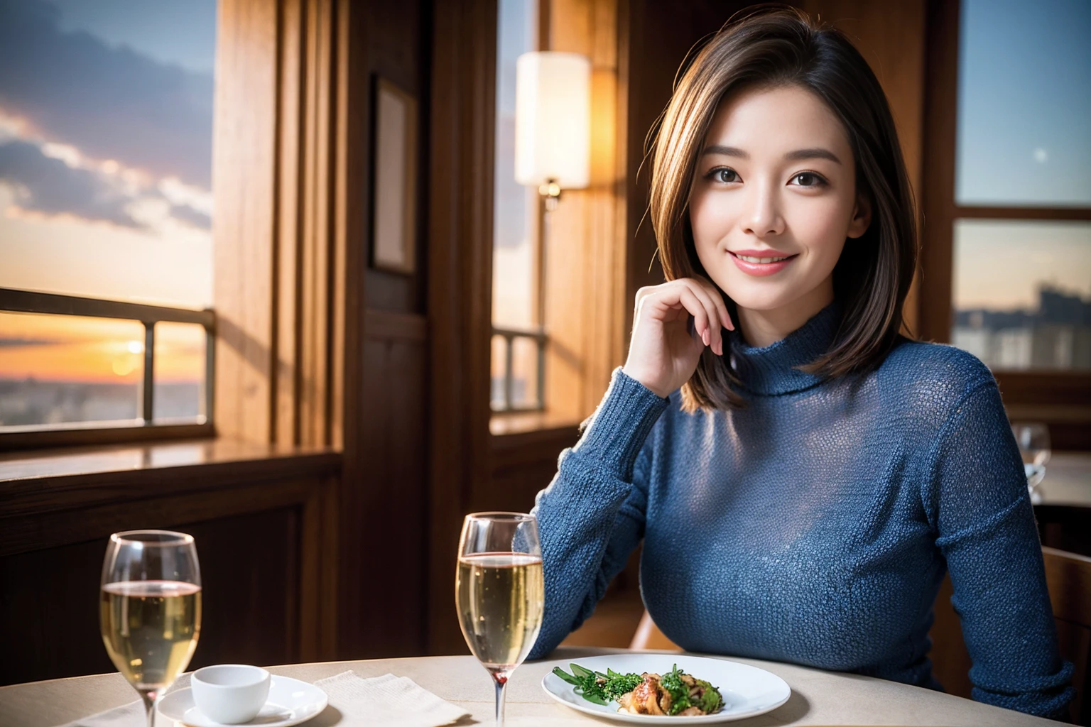 ((Highest quality、8K、masterpiece:1.3))、cute、slimカップル、modelカップル、(Realistic, Intricate details:1.2), full-course dinner、Wine Party、Amazing view of the sunset sky and clouds、A bright smile、The wonderfulness of smile、Bright image、The beauty of wine, Beautiful Face, blue eyes, The light shines on your face, Blushing, short hair,Bright Face、 (Age 37), Age 34, red wine 、Appetizers、Italian food、Wine bottle、Champagne、sparkling wine、Two beauties、Brown Hair、Shortcuts、Long sleeve shirt、dress、Beautiful woman 1, (slimな顔), (The body is slim), (Brown Hair), (Shortcuts), cheeks turn a little red,Attractive beauty、restaurant, In a prominent place (From the waist up) Nova Frog Style, actress, model, Upper Body, White wine, slim, wine glass, 中央に置かれたwine glass, smile, (smile: 1.15), Beautiful fine grain, Depth f/2,saturation, High Contrast, Strong light and shadow,Moist Body:1.5、3D texture、Delicate eyes、Brown Hair、The hair is very shiny、