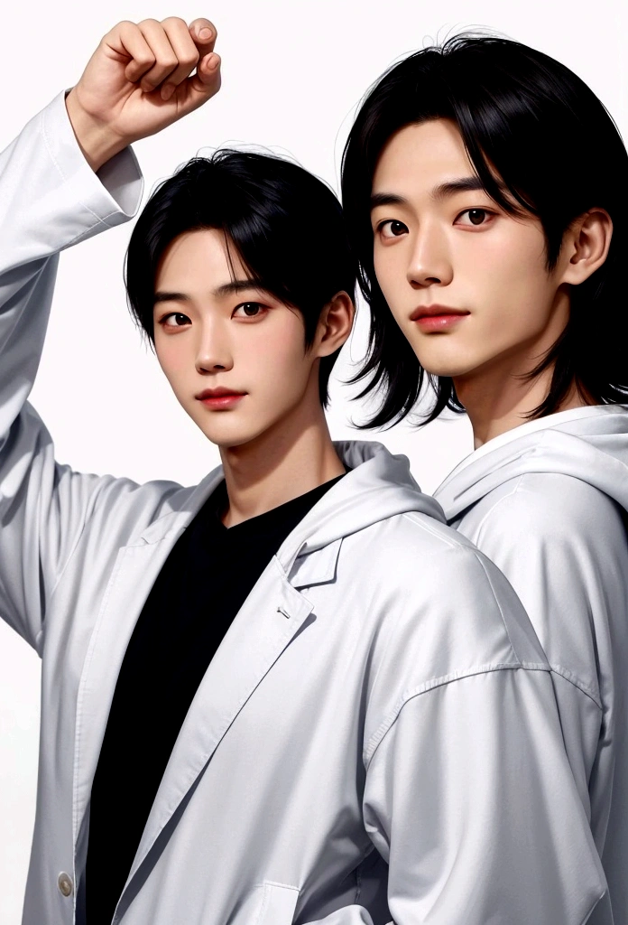 Grinning man。Shiny hair quality。Perm Hair。Right facing。cool。Deep-set face。big smiling man, (Fair skin),(know),Iris,(Gender: Natural Face),(Japanese),long body,handsome young asian man, Japanese idol style, short clean-cut hair, ((center part)), white lab coat, black hoodie underneath, calm confident expression, hands in lab coat pockets, plain white background, portrait, high quality, detailed, Shin Jinyoung, , Won Bin Lee, Plain white background。