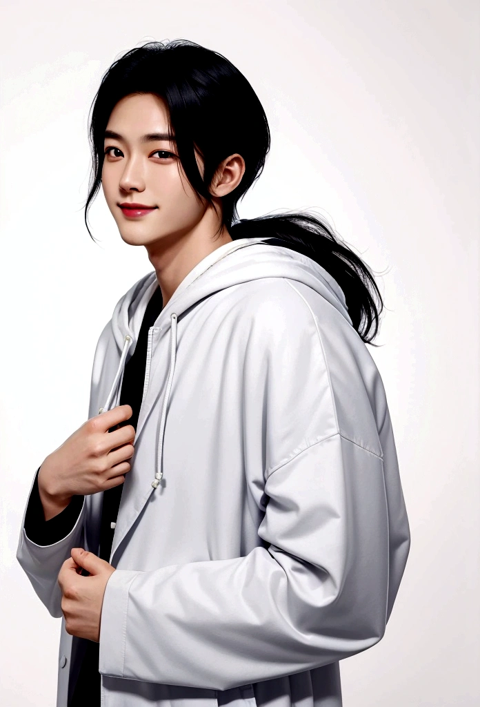 Grinning man。Shiny hair quality。Perm Hair。Right facing。cool。Deep-set face。big smiling man, (Fair skin),(know),Iris,(Gender: Natural Face),(Japanese),long body,handsome young asian man, Japanese idol style, short clean-cut hair, ((center part)), white lab coat, black hoodie underneath, calm confident expression, hands in lab coat pockets, plain white background, portrait, high quality, detailed, Shin Jinyoung, , Won Bin Lee, Plain white background。