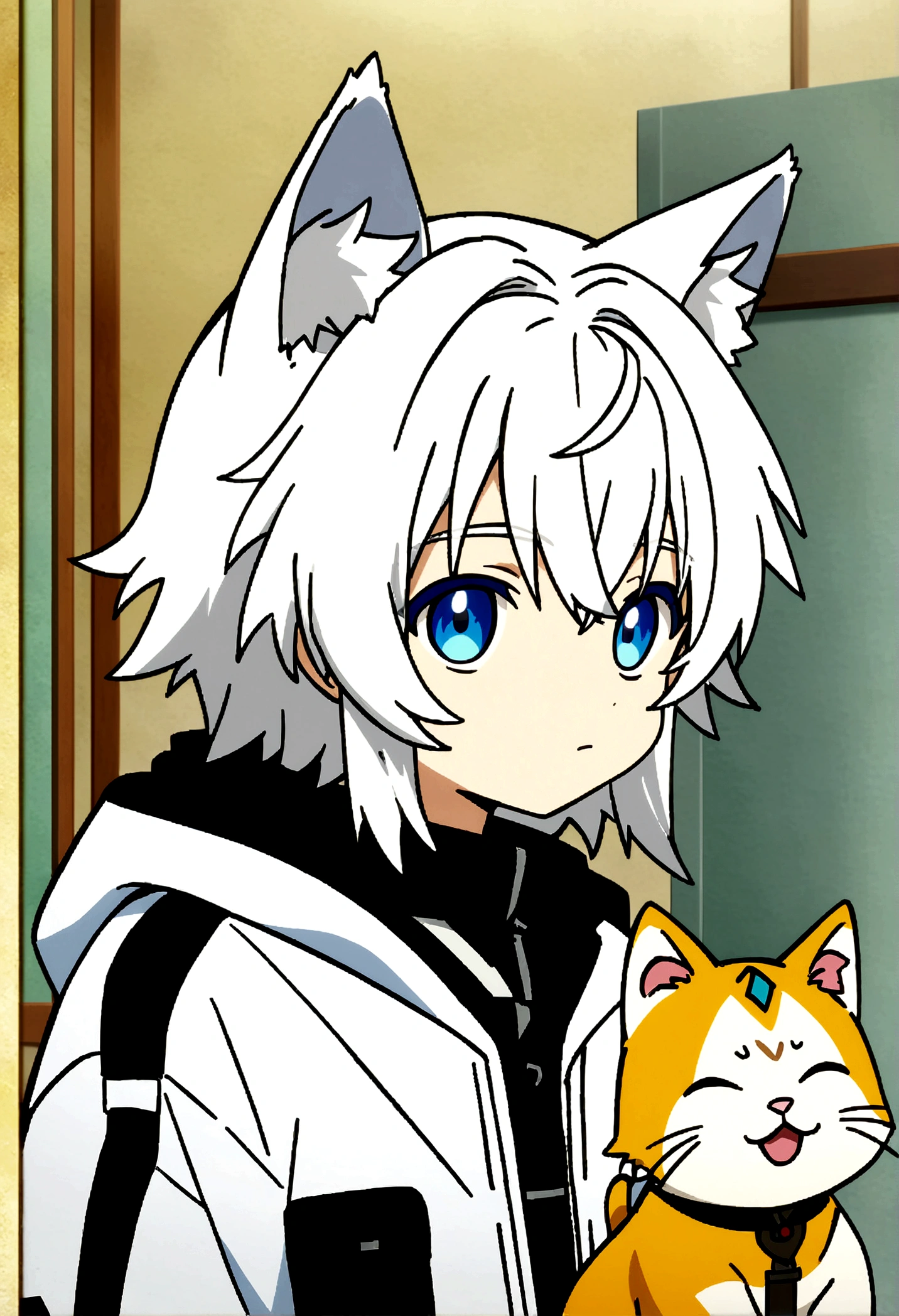 anime, A boy with white hair and blue eyes wore a white jacket., tall anime guy with blue eyes, anime boy, anime with cat ears, detailed anime character art, anime character, cute anime catgirl, From Arknights, anime catgirl,anime art, anime character art, clean detailed anime style, anime cat, clean detailed anime art