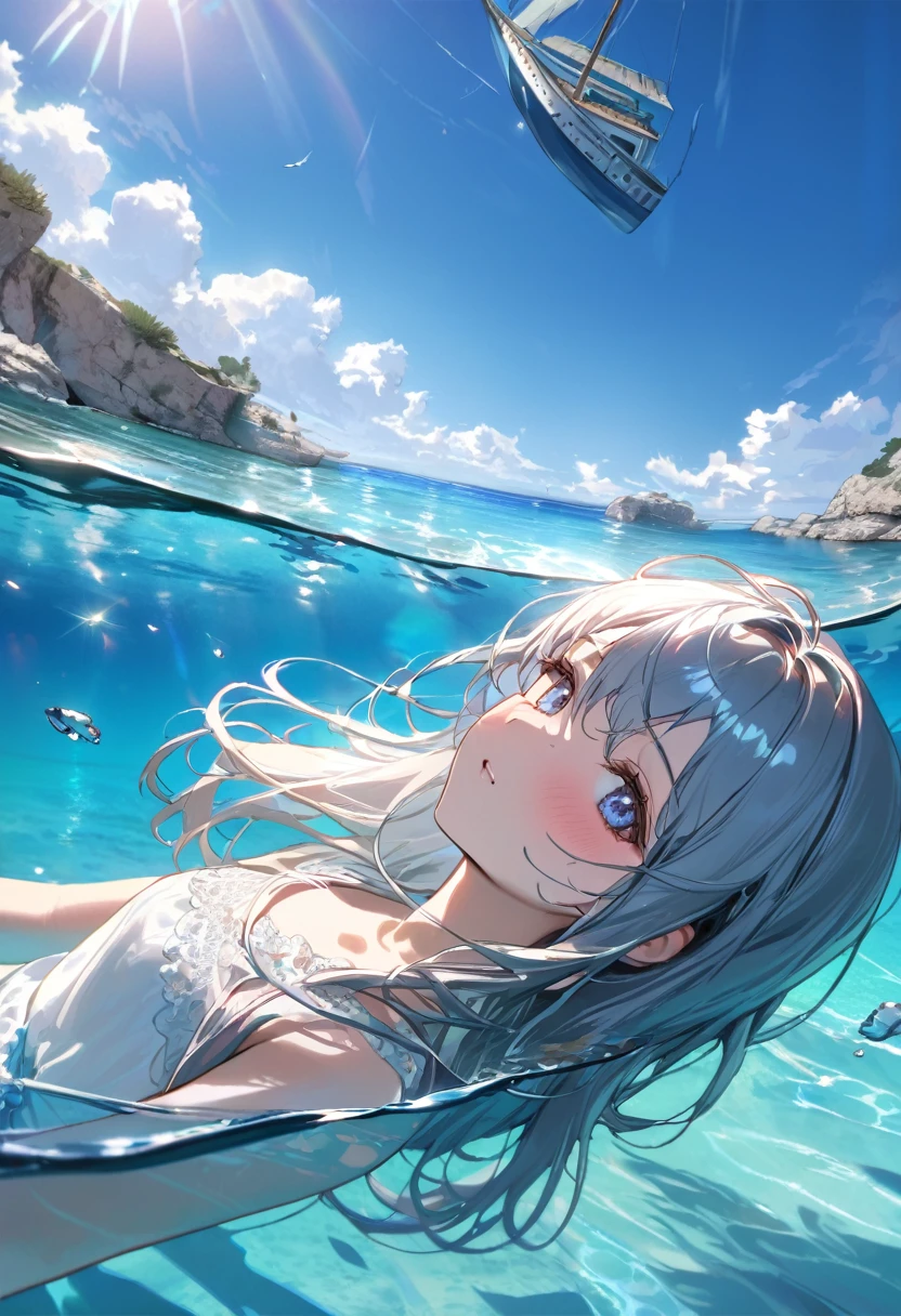 (Masterpiece, BestQuality), ((Portrait of boat floating in the crystal clear waters of Lampedusa)), Highly transparent sea,The boat appears to be floating in the air,In the background is a beautiful landscape with a blue sky and sunlight shining on the sea,detailed beautiful scenery,with tween girl,