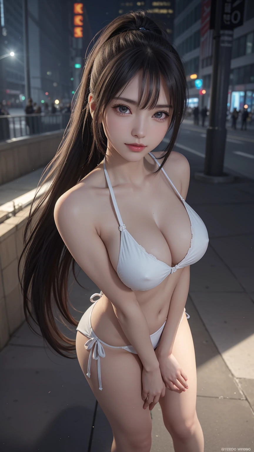 ((Huge breasts)),((Bikini,Swimsuit)),(full-body shot),((masterpiece, 最high quality, Photorealistic and Very detailed CG integrated 8k wallpaper, high quality, Very detailed, Narrative Poems, Particle Effects, dynamic effect, Writing border depth, light, lens flare, Ray Tracing, Anatomically accurate)), fantasy, 1 beautiful woman, (((Neon))), Clear eyes, Long hair, Pretty Face, serious, 緻密でbeautiful eyes, ((night,City)), ((Ponytail,Long hairがwindでなびく, Long hairが跳ねる, Long hairがwindで踊る)), hair jump, Jewelry, beautiful eyes, Silver earrings, wind, Peaceful and beautiful