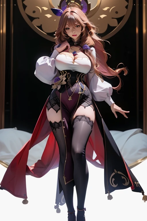  (((Full and soft breasts,)))(((Huge breasts))) (((Cleavage))) (Perfect curvy figure),(masterpiece, best quality),1girl with long hair, Large Breasts, Wide hips, tight black dress, Long sleeve, Black knee socks , Looking at the audience