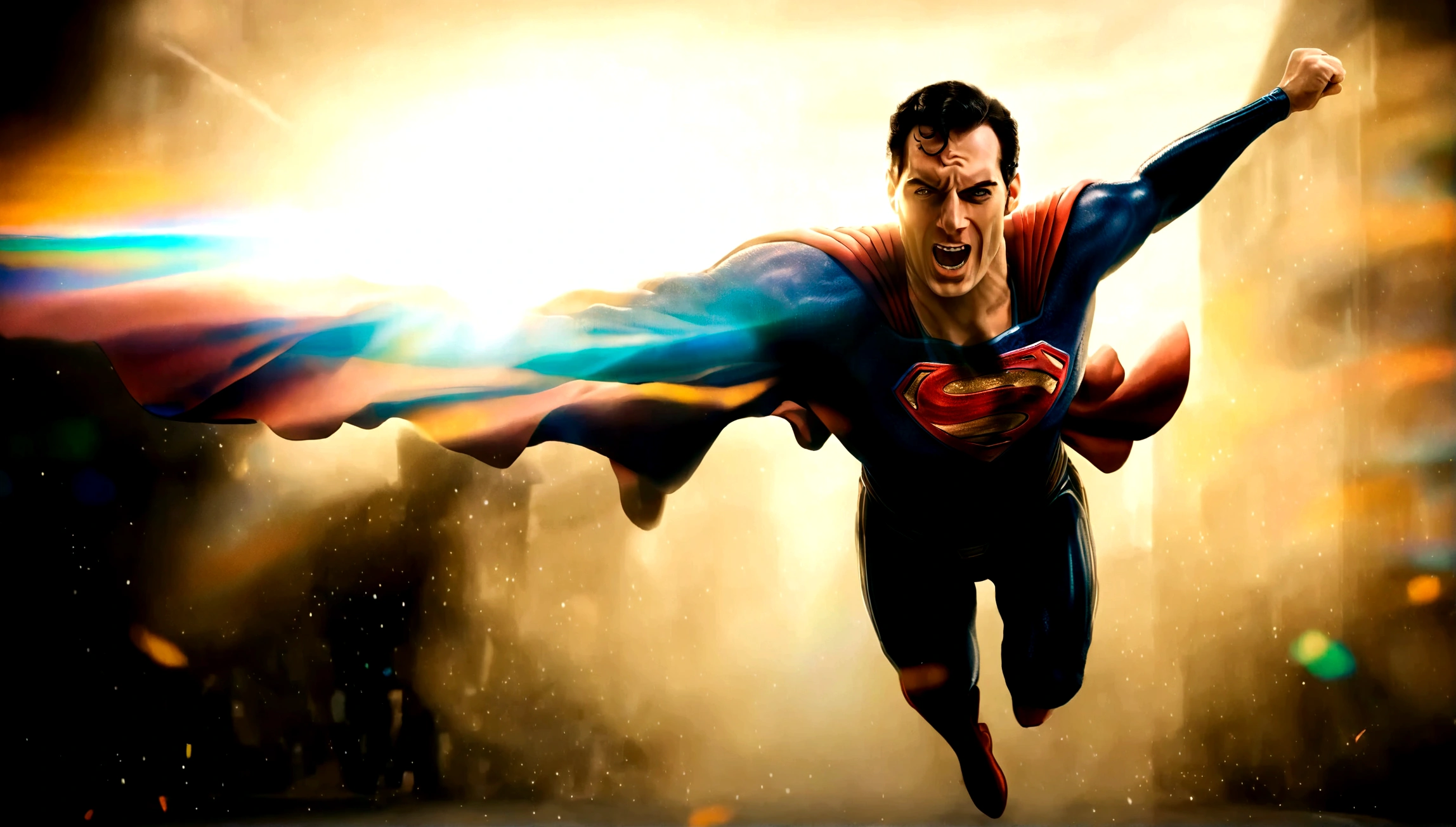 superman flying over street between building waving at people cheering for him,in superhero pose cape flapping