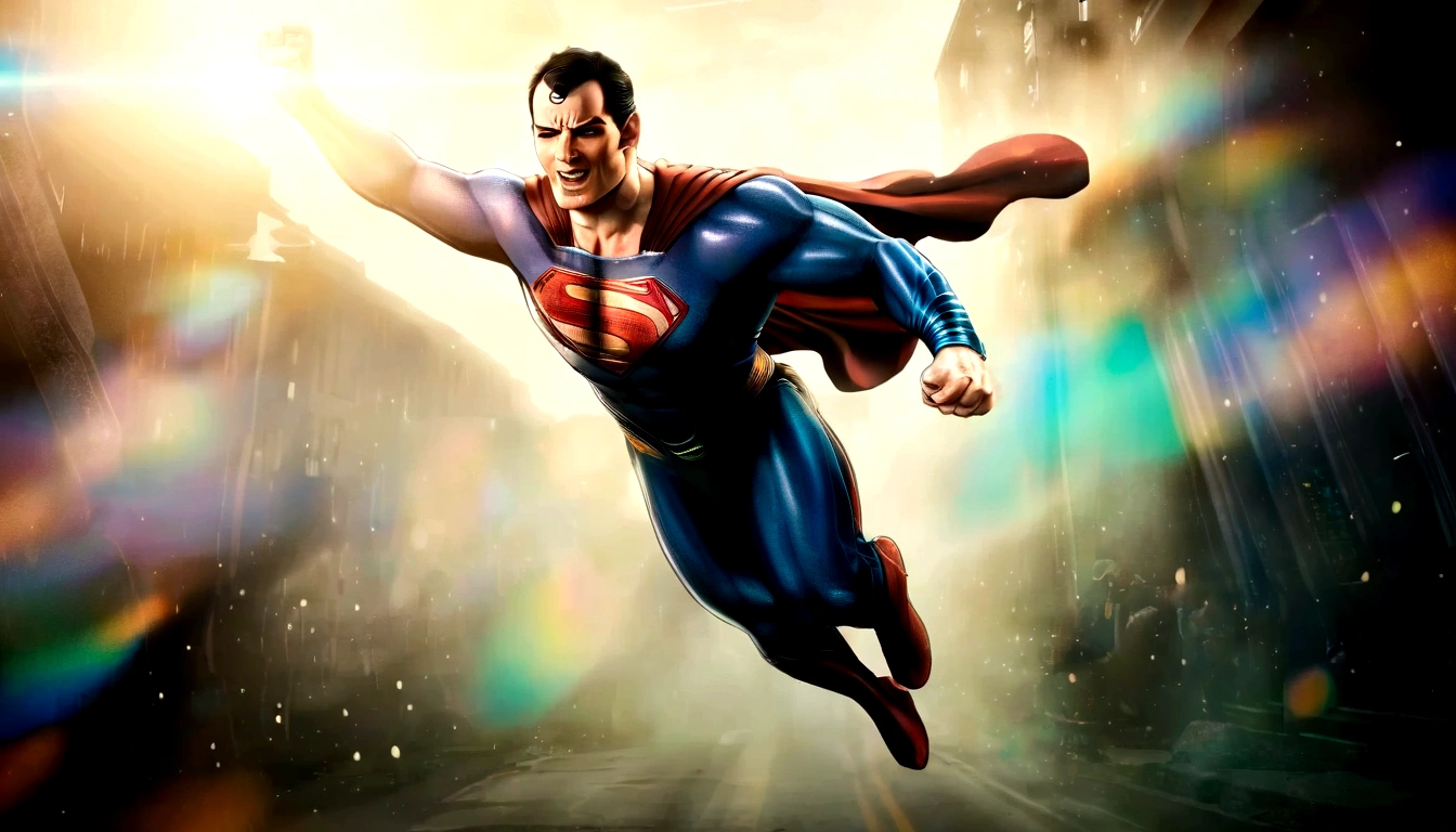 superman flying over street between building waving at people cheering for him,in superhero pose cape flapping