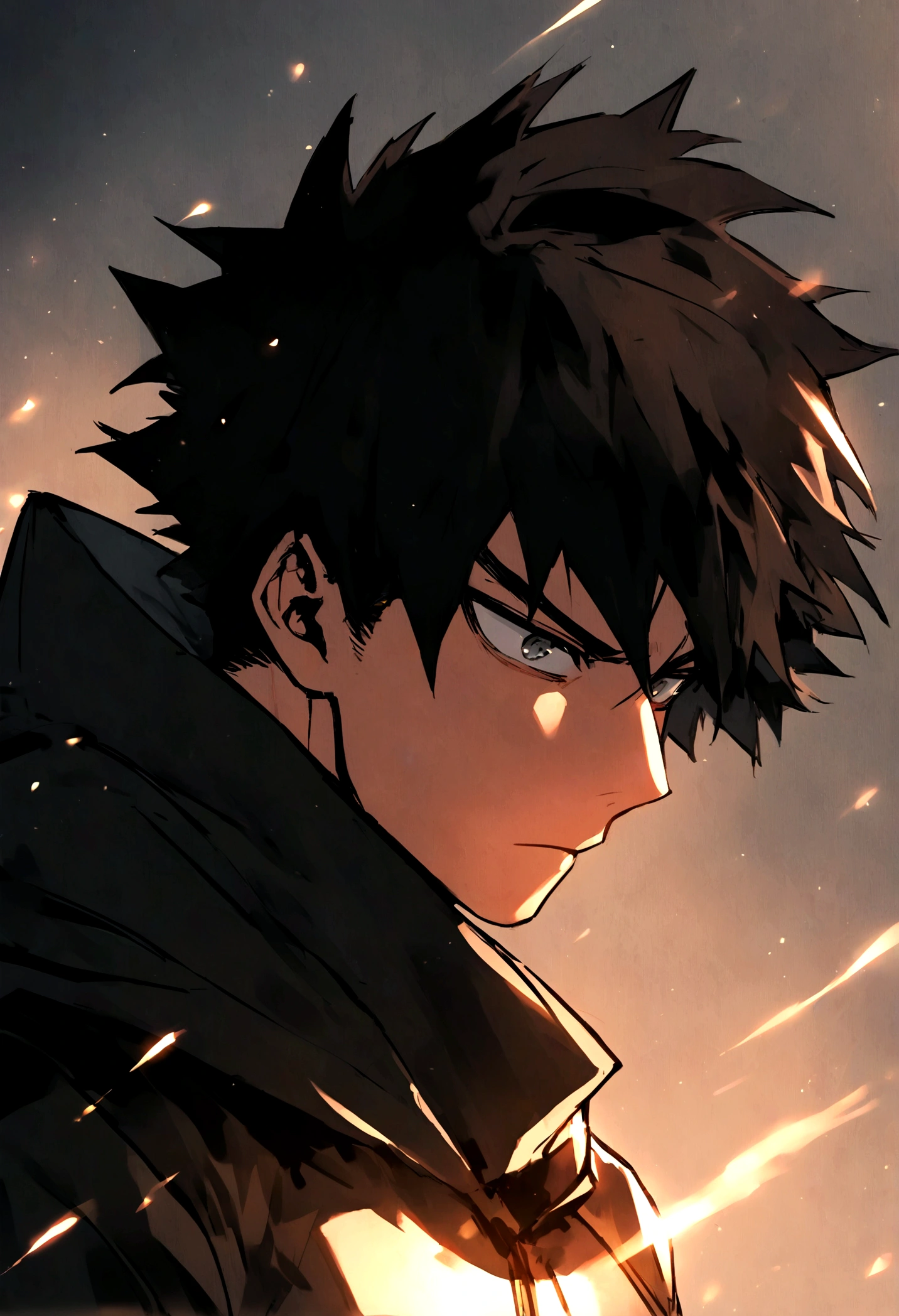 Boko no hero academia comics panel of a male. he has dark brown hair, and gray eyes. he is a hero, he is wearing a black hero costume