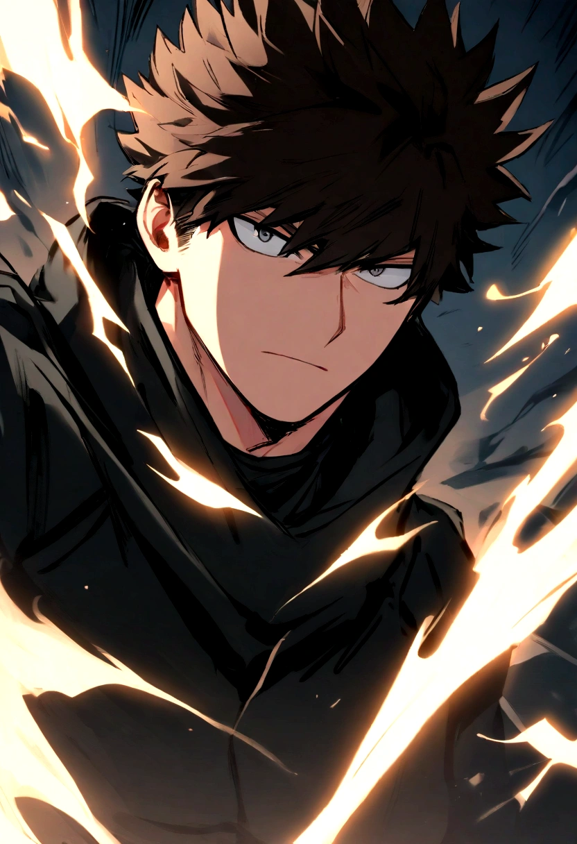 Boko no hero academia comics panel of a male. he has dark brown hair, and gray eyes. he is a hero, he is wearing a black hero costume