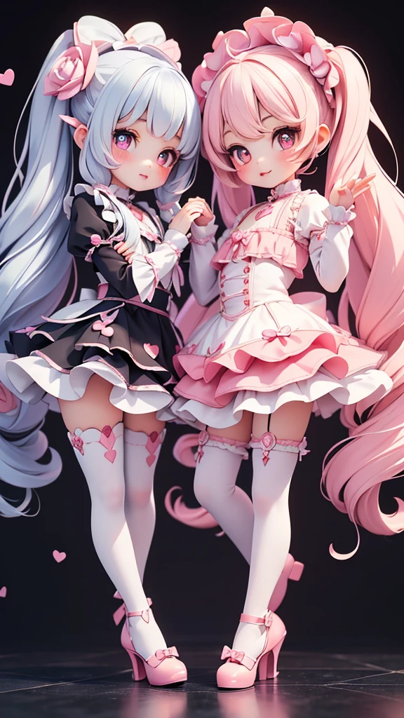 ((petite bishojo, little 2girls)), ((cute face)), ((heart shaped pupils)), ((masterpiece)), ((best quality)), ((ultra detailed)), ((exquisite)), ((depth)), ((crisp)), ((16k)), ((beautiful and aesthetic)), ((super detailed skin)), ((high standard)), ((highres)), ((perfect anatomy)), (full body), (blush), (lipstick), ((dolly)), ((kawaii pose)), (white, blue, black), (perfect fingers), (perfect hands)