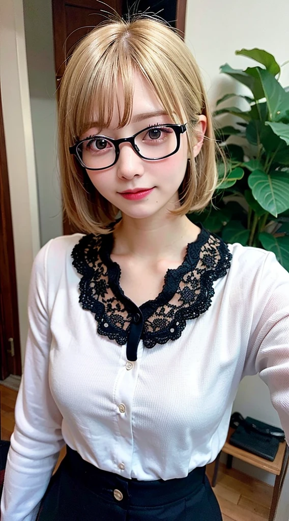 (8K, Raw photo:1.2), Detailed face and eyes,Best Quality, 超A high resolution, Highly detailed ,intricate detailes ,masutepiece ,Cute Girl , Soft cinematic light, Hyper-detailing,Sharp Focus, High quality, Blonde hair, bob cuts, tits out, a miniskirt, eye glasses, NSFW, read a book