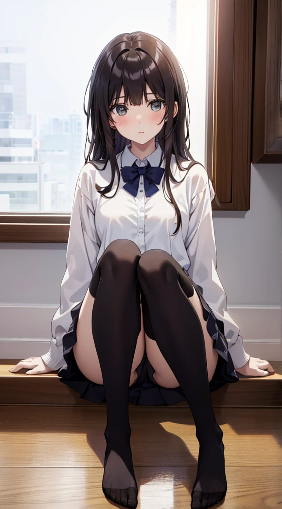 Highest quality, masterpiece, High resolution, (Head to Toe full body), front, frontやや下からの構図, Symmetric, Tall 18 year old girl, alone, (Head to Toe), (Small breasts), Unkempt brown hair, bangs, (black tights), (Black Pantyhose), (Sit with your legs apart), (Crouching pose), (A work depicting white panties), (Her legs were spread、I see your white pants.), (I was made to sit on the floor with my legs spread....), (M-shaped feet), Thin legs, とても美しくTall 18 year old girl, (No shoes), blush, Shy big eyes, Looking into the camera, Blazer Uniform, Checkered Pleated Skirt