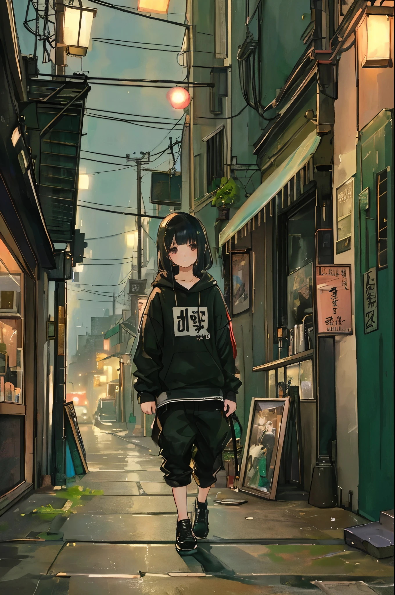 (masterpiece、Highest quality、Highest quality、Official Art、Beautiful and aesthetic:1.2)、Near future、Blade Runner、Slum Street、Late at night、Lo-fi Hip Hop、Cafe with small lights、Residential Street、silence、It's raining a little、