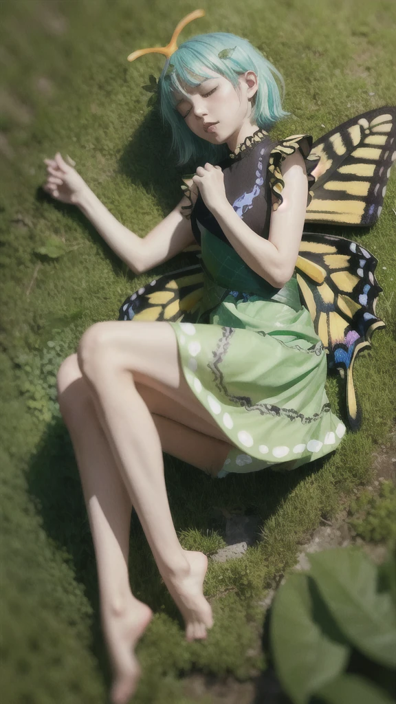 masterpiece, best quality, 1girl, wings, butterfly wings, dress, green dress, antennae, short hair, solo, leaf, fairy, aqua hair, closed eyes, leaf on head, barefoot, full body, knees up, short sleeves, blurry, multicolored dress