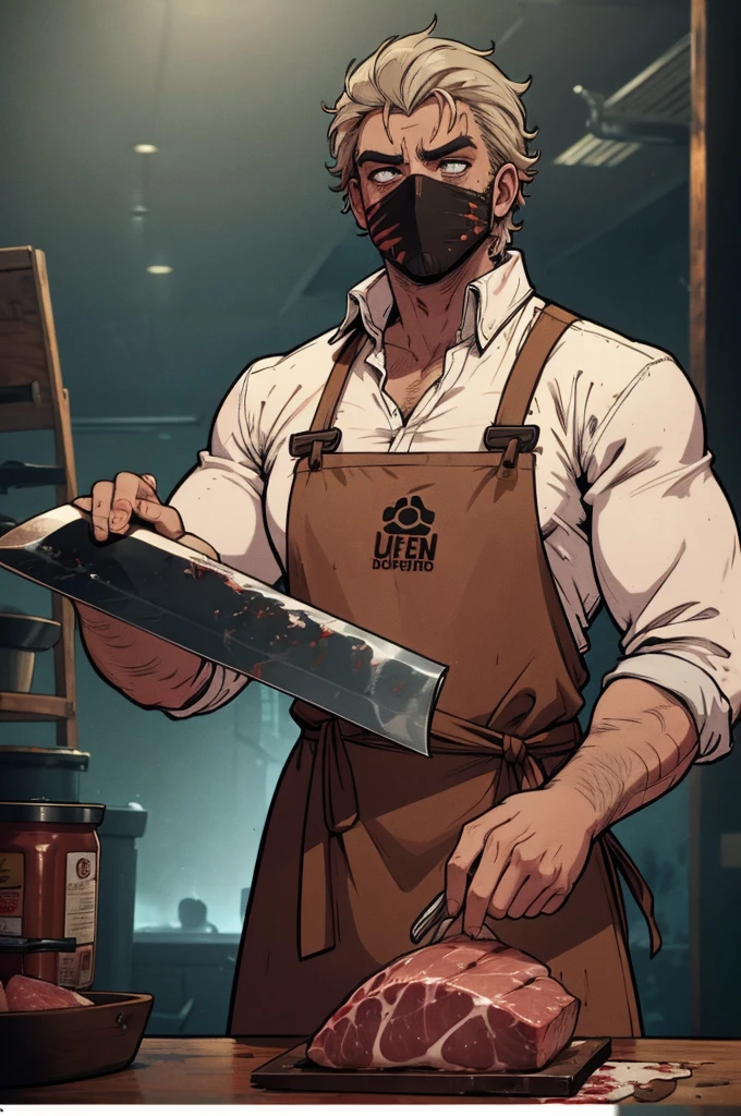 tropical enviroment, realistic detailed butcher, 1 male, detailed facial features, realistic skin texture, detailed clothing, apron, holding meat cleaver, meat hanging in the background, blood stains, dimly lit environment, dramatic lighting, gritty, dark, cinematic, muted colors, moody atmosphere