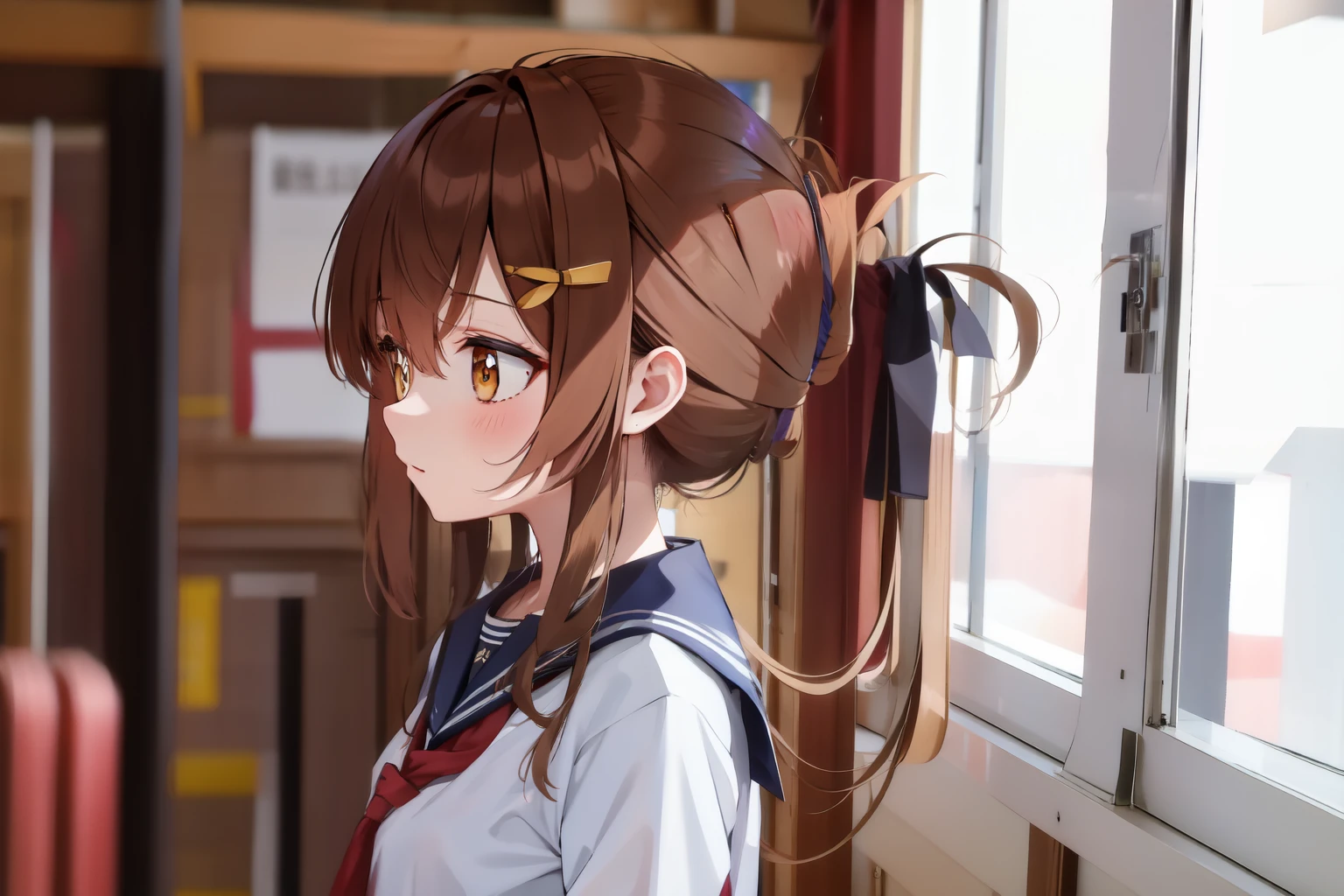 A female student in a sailor uniform is watching a physical education class in the gymnasium because she is feeling unwell,(masterpiece, best quality:1.2),illustration,8K,HD,1girl,独奏,upper body,(portrait:1.2),brown_hair,folded_ponytail,brown_eyes,serafuku,long_hair,school_uniform,skirt,pleated_skirt,