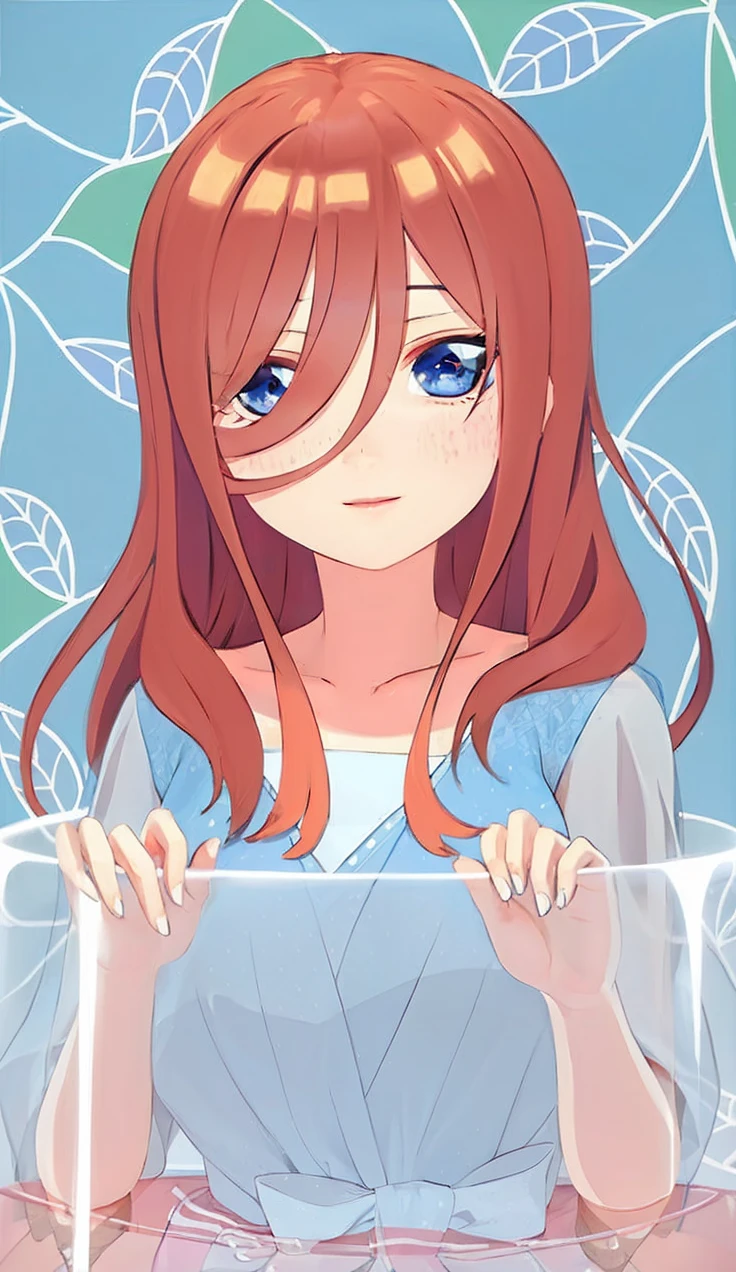 The character in the glass, orange brown hair, blue eyes, white skin, blue and white clothes, big breasts, sexy